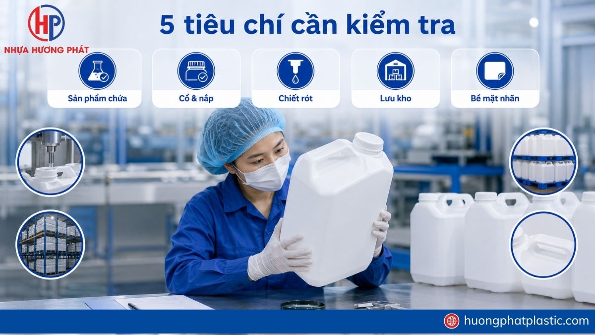 Kiểm tra cổ nắp và thân can nhựa 20 lít trước khi sản xuất