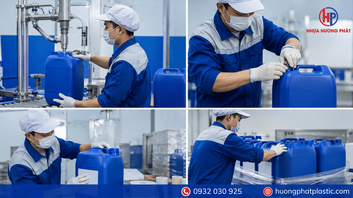Nhân viên QA QC kiểm tra mẫu can nhựa 20 lít