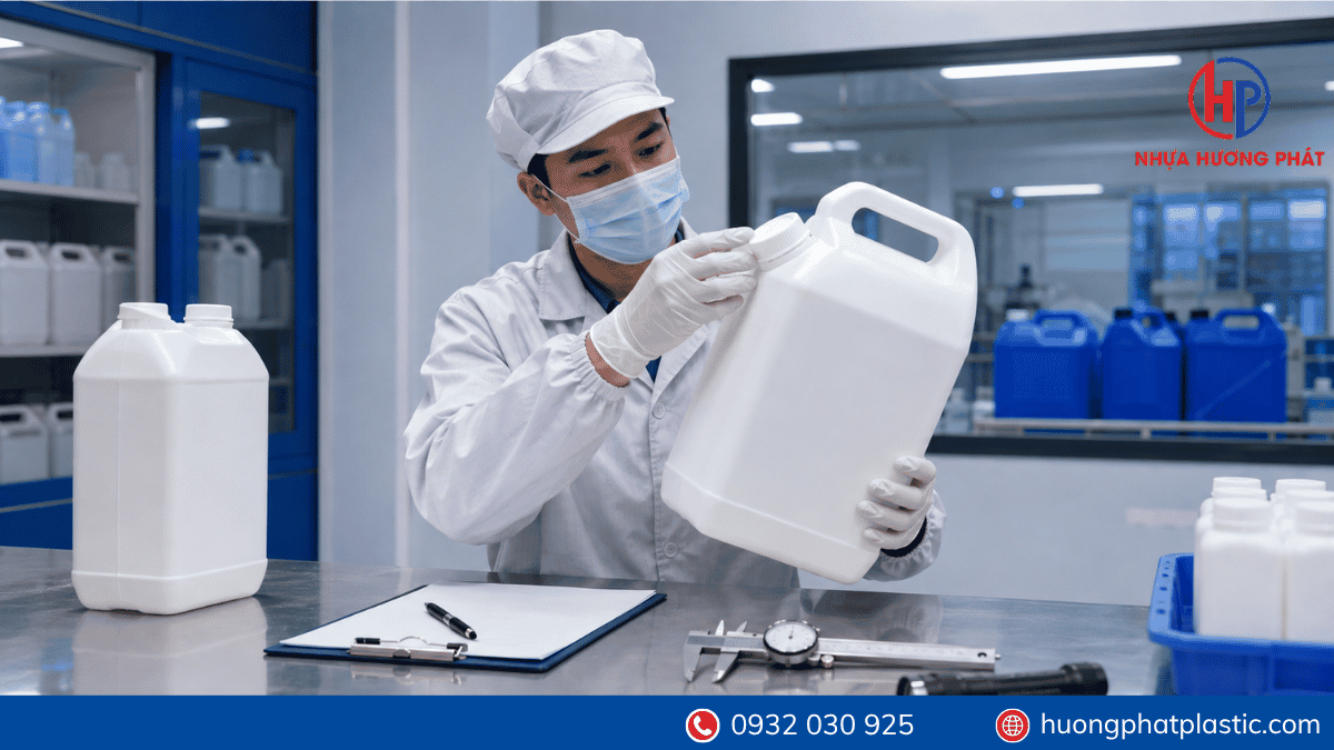 Nhân viên kiểm tra mẫu can nhựa 10 lít trước khi đặt hàng số lượng lớn
