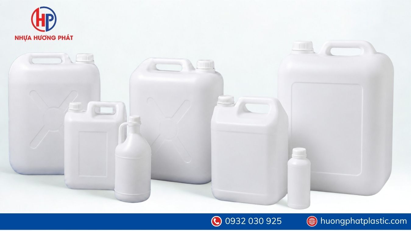 Các mẫu can nhựa trắng dùng minh họa cho nhu cầu đóng gói thực phẩm dạng lỏng
