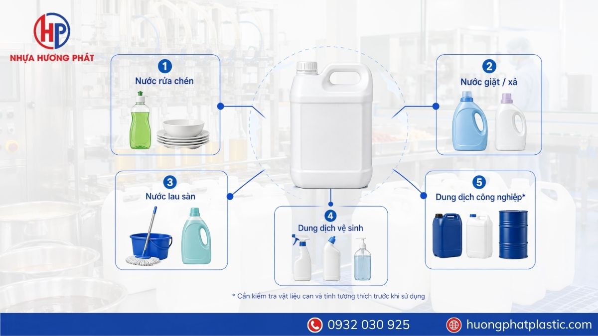 Các mẫu can nhựa 5 lít vuông, tròn và dẹt quai liền của Hương Phát