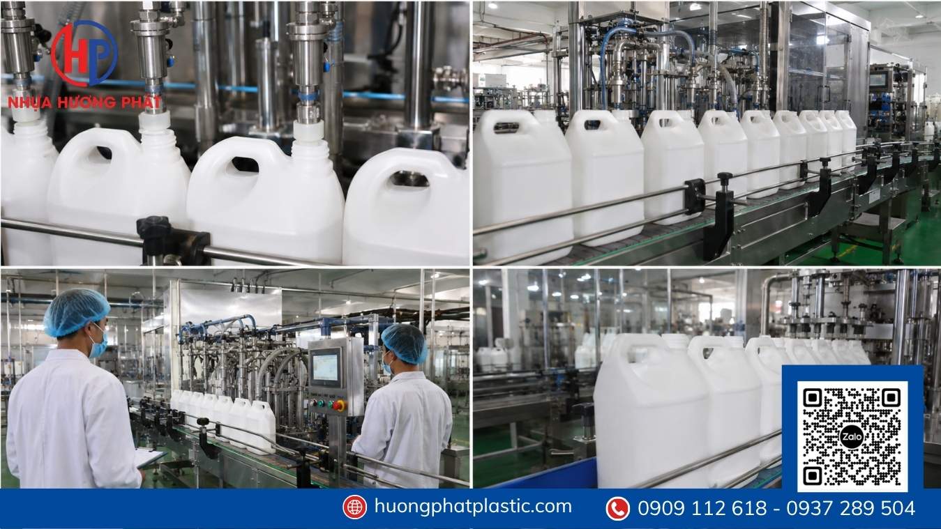 Chiết rót nước giặt vào can nhựa trong khu vực sản xuất hóa phẩm