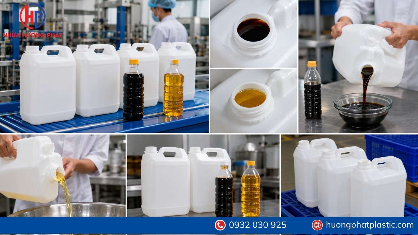 Kiểm tra nắp và tình trạng can nhựa trước khi đóng gói thực phẩm