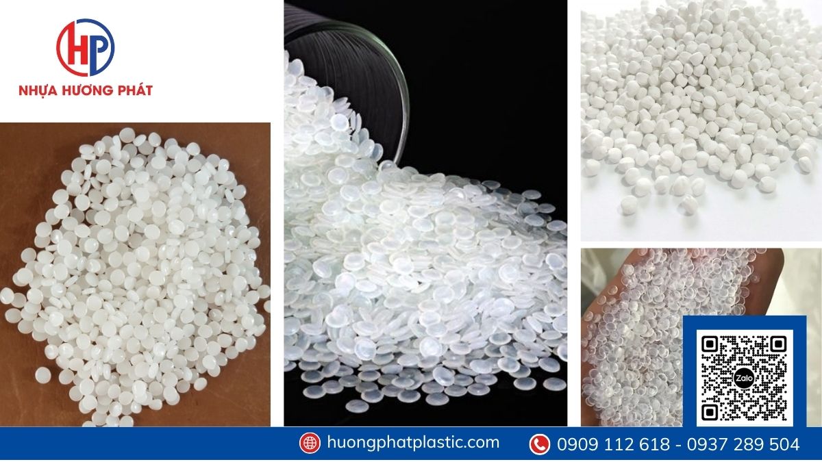 Hạt nhựa nguyên liệu và mẫu can trắng trên bàn kiểm tra