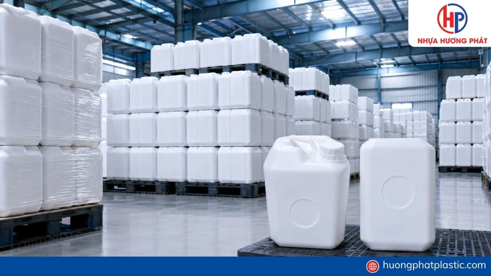Can nhựa 20 lít vuông bố trí trên pallet trong kho