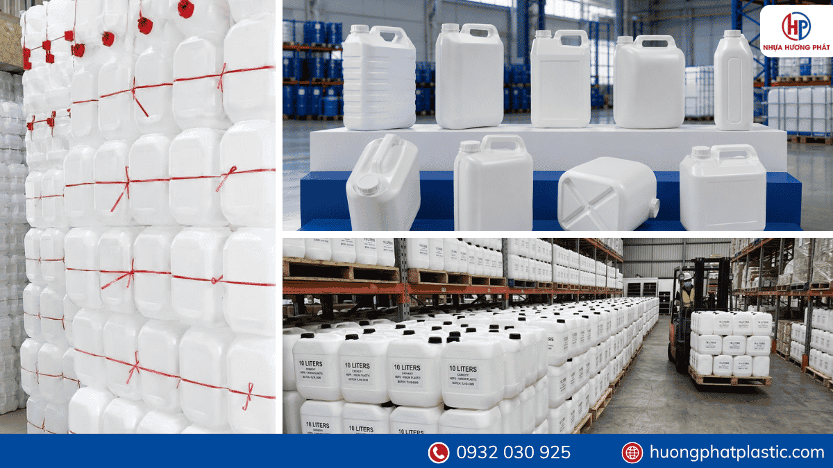 Vị trí kiểm tra trên can nhựa 10 lít gồm thân, vai, tay cầm, cổ, nắp và đáy