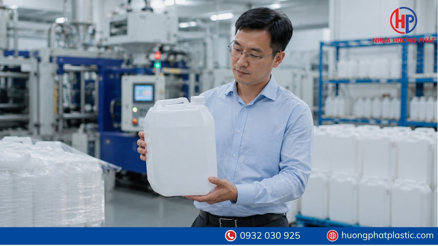 Khách hàng đang xem mẫu can nhựa vuông 10 lít tại Hương Phát