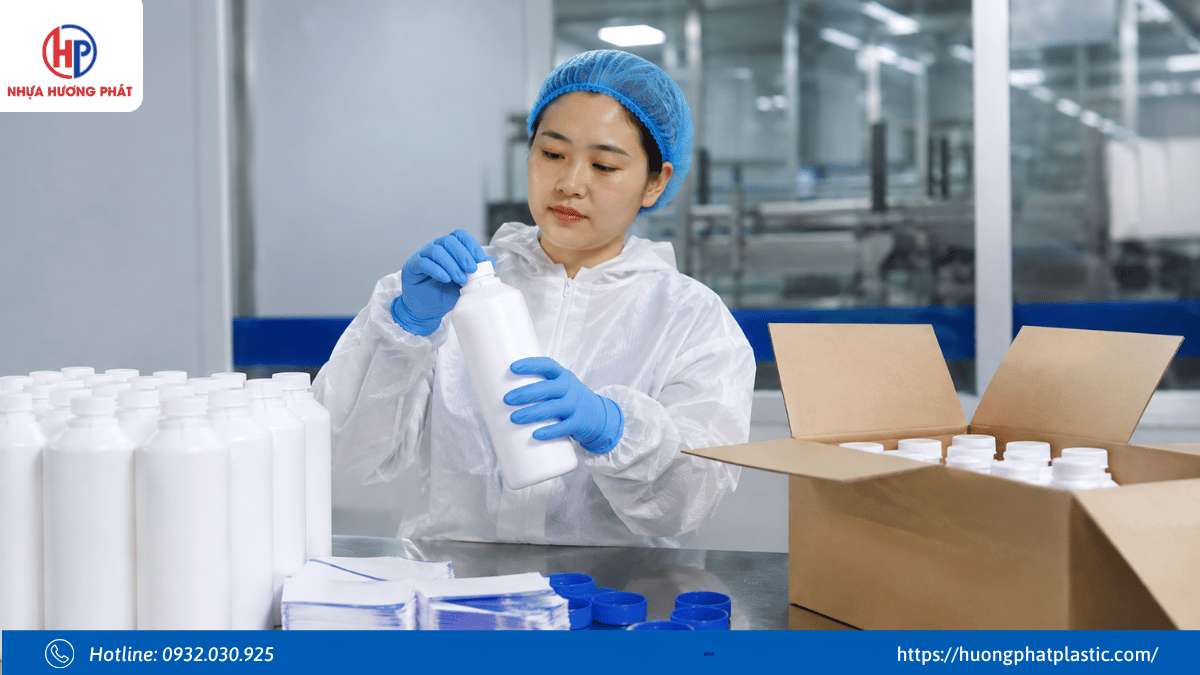 Nhân viên QA QC kiểm tra mẫu bình nhựa 1 lít