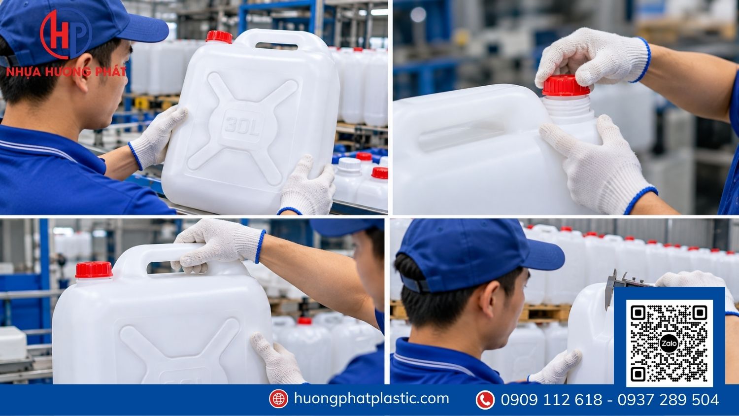 Can nhựa màu trắng và màu xanh xếp trong kho
