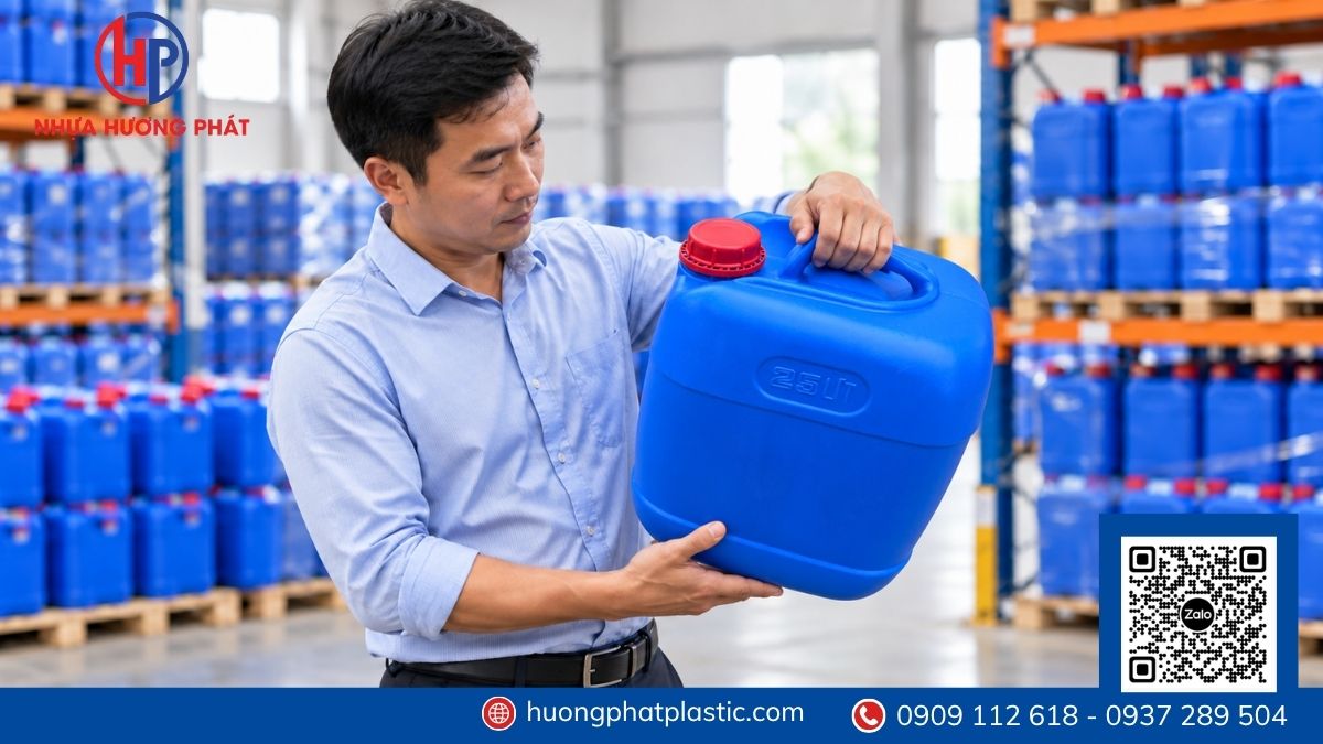 Khách hàng cầm mẫu can nhựa 25 lít để kiểm tra chất lượng