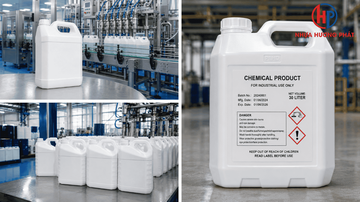Ứng dụng can nhựa chuyên dụng đựng hóa chất dung dịch kỹ thuật và phân bón