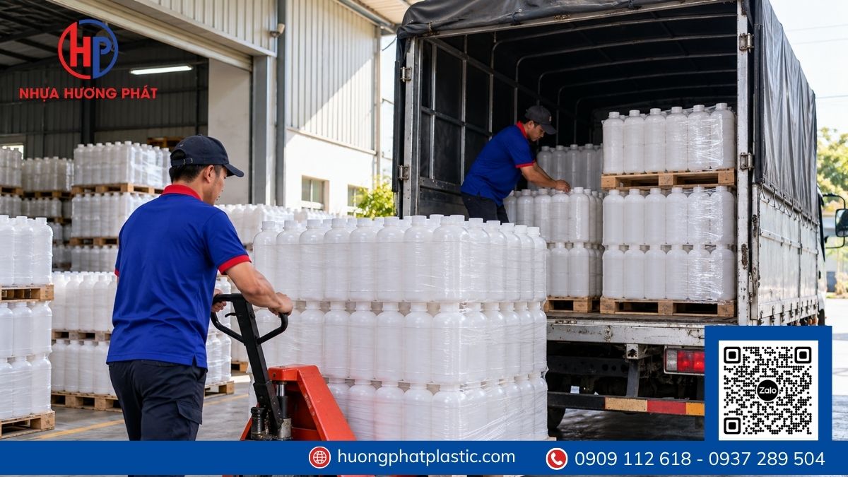 Các kiện bình nhựa 1 lít đóng bao sẵn sàng giao đến xã Hóc Môn