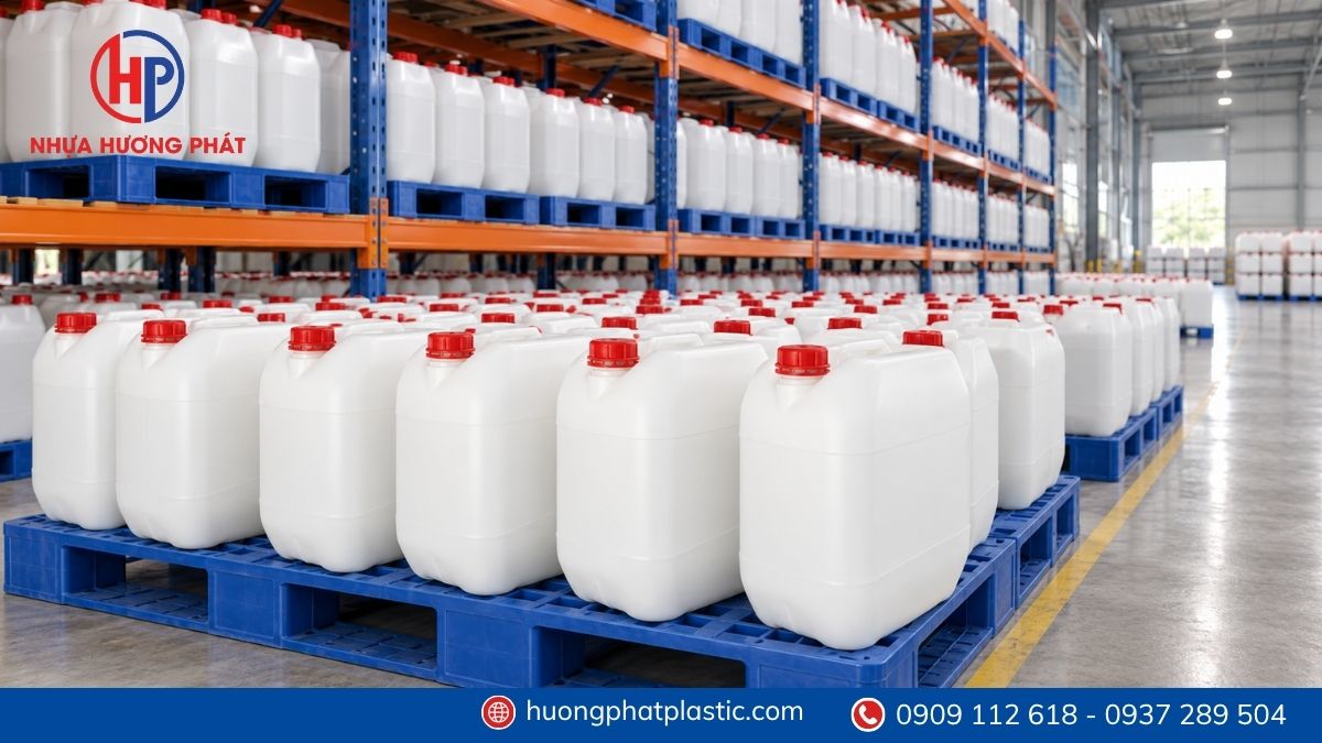 Minh họa ứng dụng can nhựa 30 lít trong đóng gói hóa phẩm và chất lỏng công nghiệp tại Hóc Môn