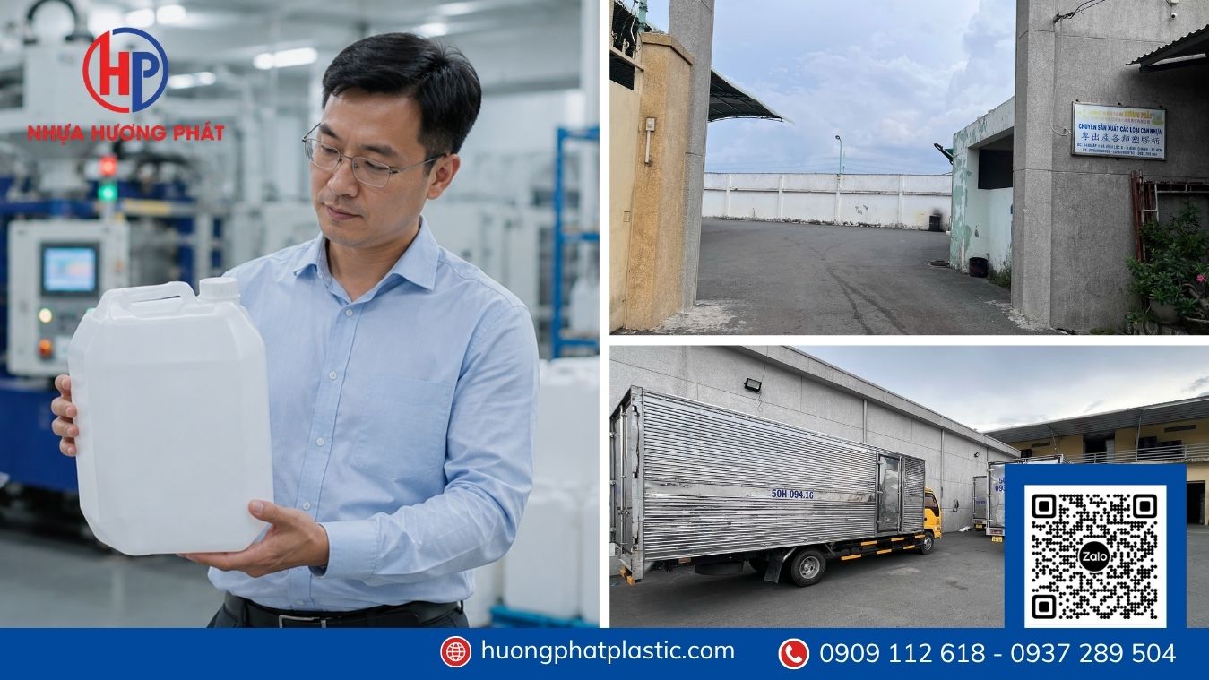 Nhân viên kiểm tra mẫu can nhựa HDPE trước khi đặt hàng số lượng lớn
