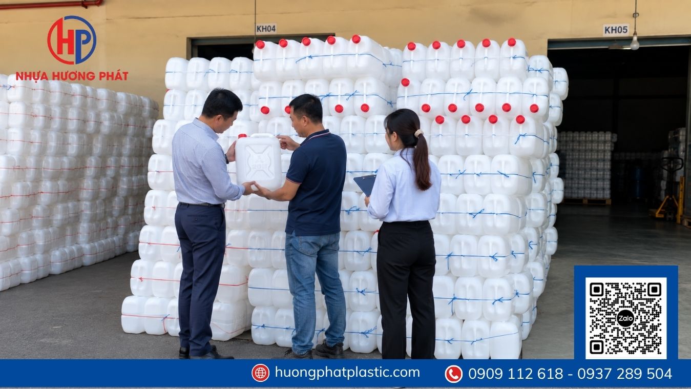 Kiểm tra nắp và miệng can nhựa trước khi đặt lô lớn