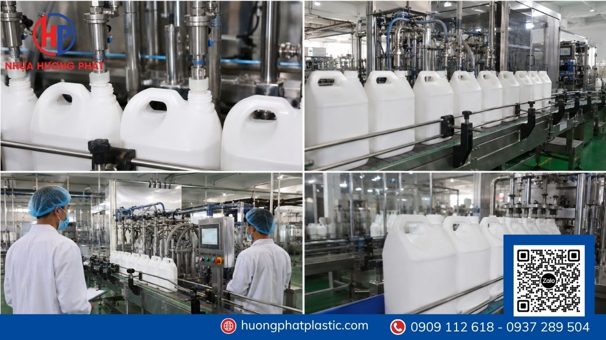 Ứng dụng can nhựa 10 lít trong đóng gói hóa phẩm dầu nhớt và chất lỏng