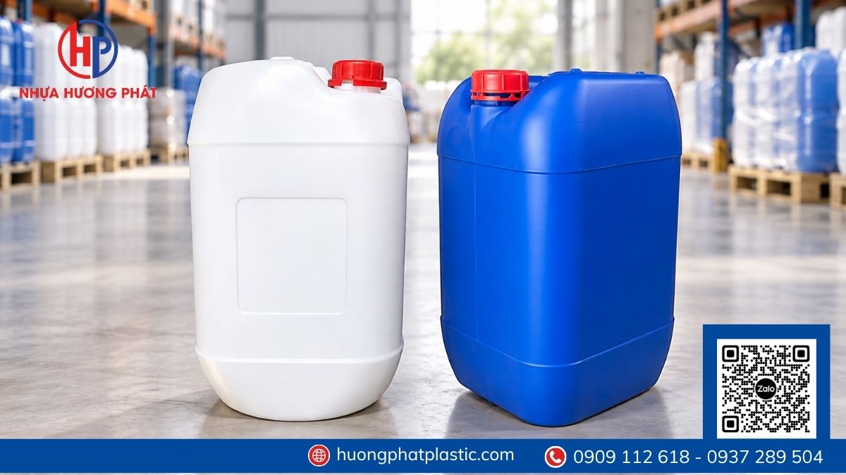 Mẫu can nhựa 25 lít màu trắng và màu xanh