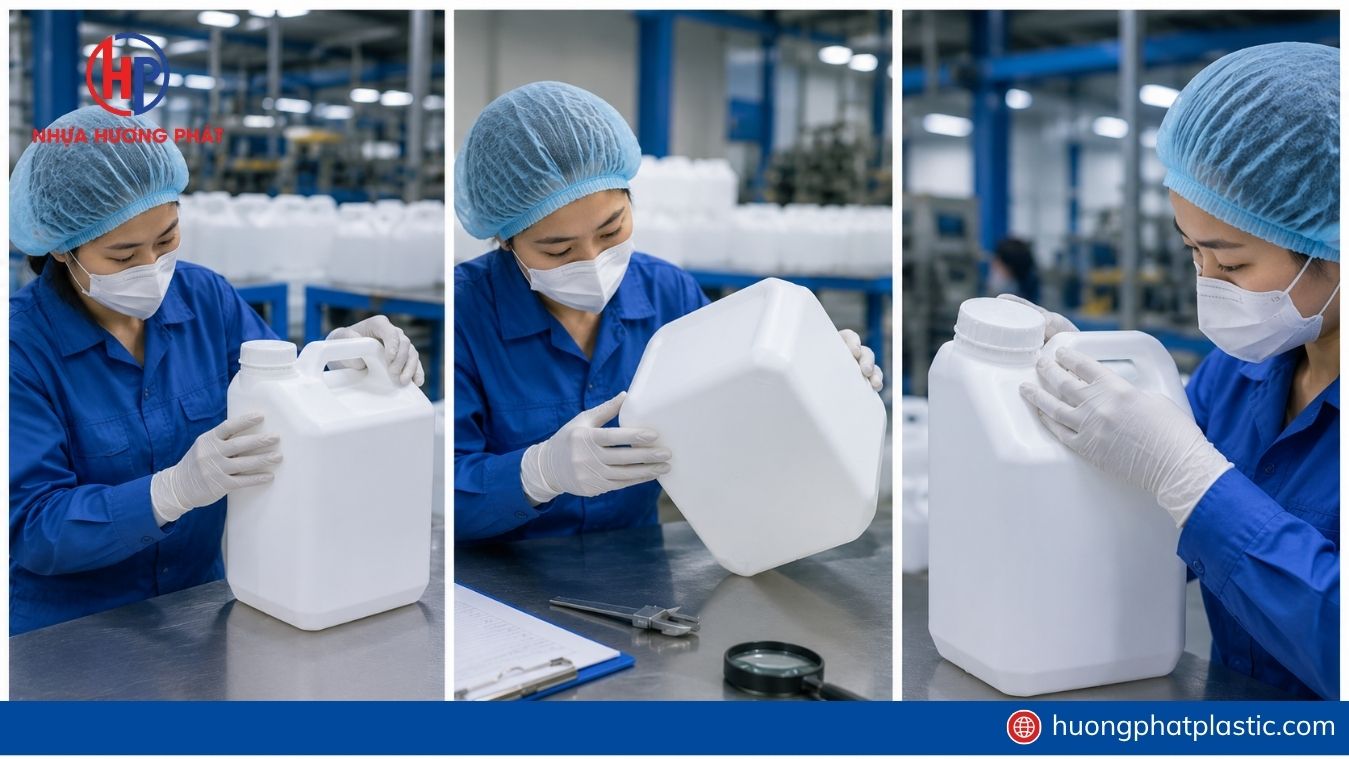 Rót rượu vào can nhựa bằng phễu và chừa khoảng trống dưới cổ can