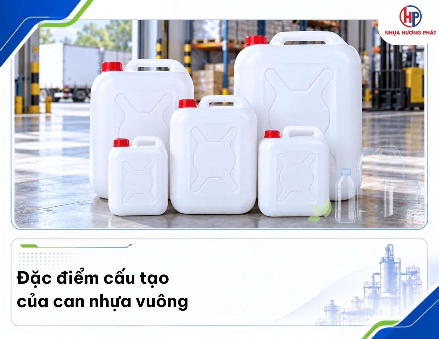 Cấu tạo can nhựa vuông gồm thân, đáy, vai, cổ, nắp và tay cầm